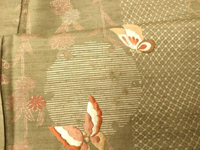 平和屋着物■訪問着 紬地 刺繍 雪輪枝垂れ花蝶文 金彩 正絹 逸品 AABH9217fw