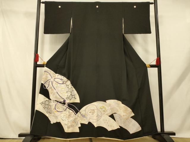 平和屋着物■豪華黒留袖 駒刺繍 結び紐吉祥地紙文 金銀彩 銀糸 正絹 逸品 AABH9222fw
