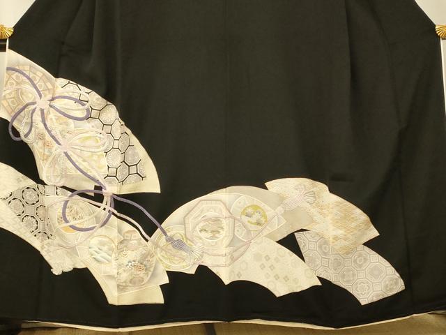 平和屋着物■豪華黒留袖 駒刺繍 結び紐吉祥地紙文 金銀彩 銀糸 正絹 逸品 AABH9222fw