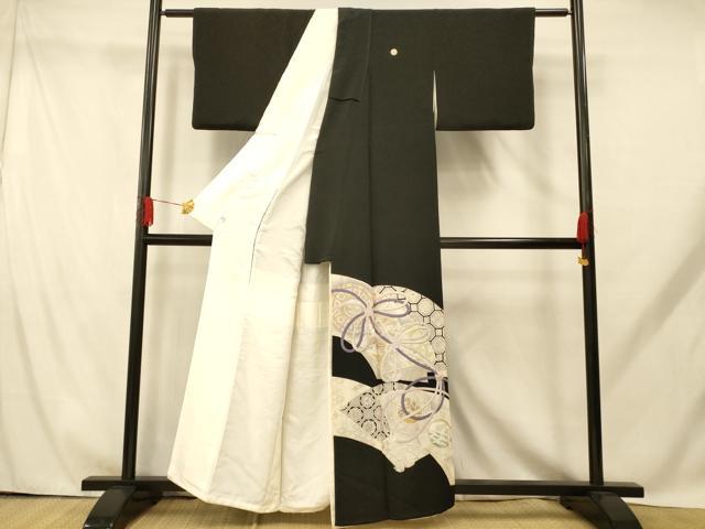 平和屋着物■豪華黒留袖 駒刺繍 結び紐吉祥地紙文 金銀彩 銀糸 正絹 逸品 AABH9222fw