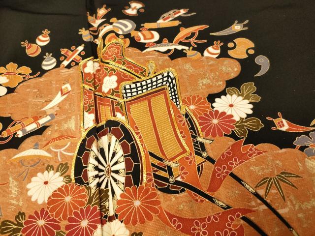 平和屋着物■豪華黒留袖 駒刺繍 御所車宝尽くし文様 金彩 正絹 逸品 AABH9257fw