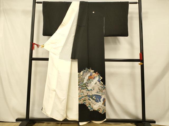 平和屋着物■豪華黒留袖 飛鶴松竹梅文 金彩 正絹 逸品 AABH9258fw