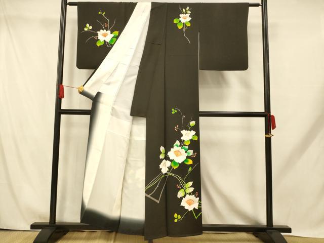 平和屋着物■訪問着 枝花文 黒地 正絹 逸品 AABH9290fw