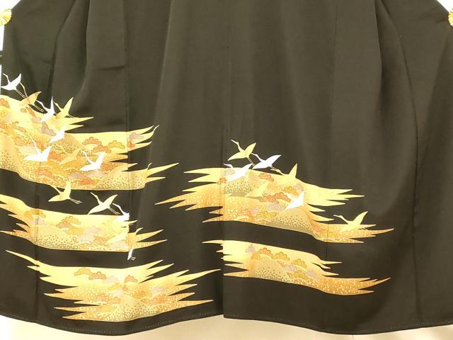 平和屋着物■豪華黒留袖 駒刺繍 飛鶴松文 金彩 正絹 逸品 AABH9294fw
