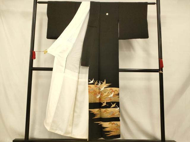 平和屋着物■豪華黒留袖 駒刺繍 飛鶴松文 金彩 正絹 逸品 AABH9294fw