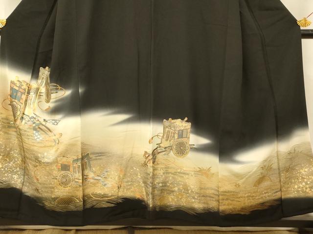 平和屋着物■豪華黒留袖 駒刺繍 御所車流水文 暈し染め 金銀彩 正絹 逸品 AABH9297fw