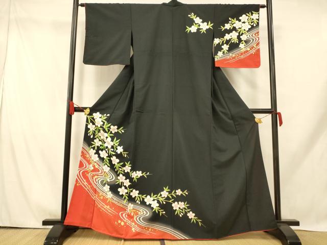 平和屋着物■訪問着 枝桜流水文 暈し染め 黒地 金彩 胴抜き仕立て 洗える着物 AABH9324fw
