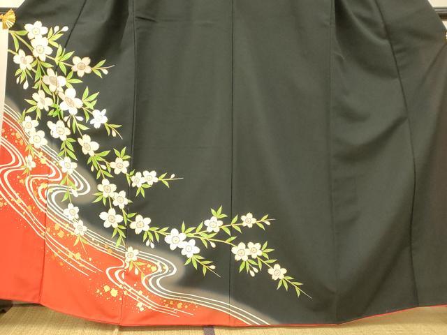 平和屋着物■訪問着 枝桜流水文 暈し染め 黒地 金彩 胴抜き仕立て 洗える着物 AABH9324fw
