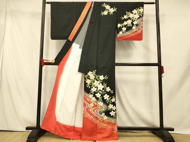 平和屋着物■訪問着 枝桜流水文 暈し染め 黒地 金彩 胴抜き仕立て 洗える着物 AABH9324fw