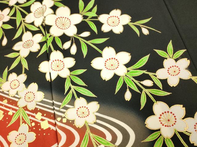 平和屋着物■訪問着 枝桜流水文 暈し染め 黒地 金彩 胴抜き仕立て 洗える着物 AABH9324fw