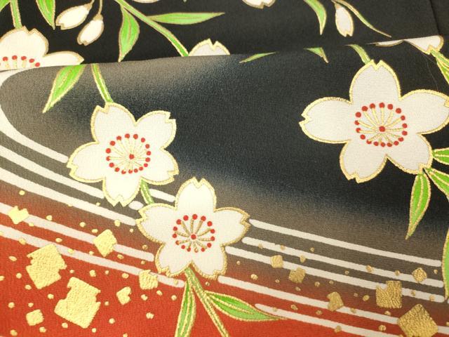 平和屋着物■訪問着 枝桜流水文 暈し染め 黒地 金彩 胴抜き仕立て 洗える着物 AABH9324fw