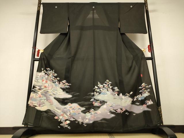 平和屋着物*夏物 黒留袖 絽 友禅 作家物 風景文 暈し染め 正絹 逸品 AABH9451jd