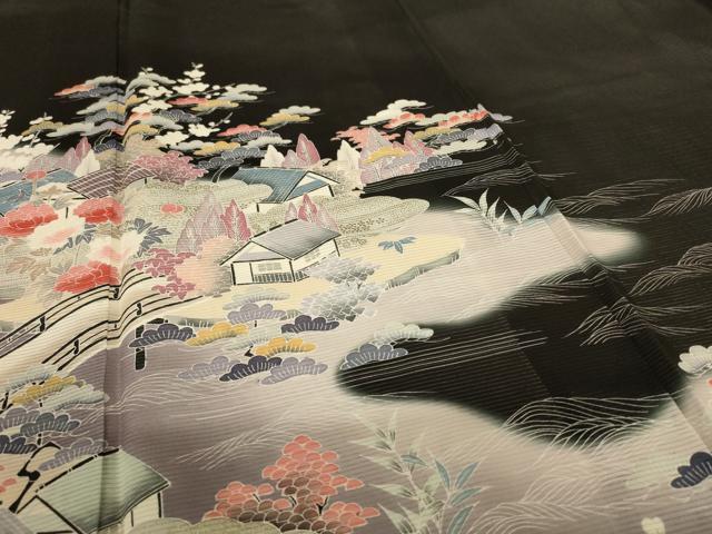 平和屋着物*夏物 黒留袖 絽 友禅 作家物 風景文 暈し染め 正絹 逸品 AABH9451jd