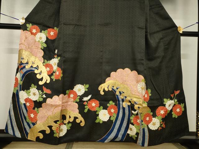 平和屋着物●豪華黒留袖 友禅 刺繍 立波花文 正絹 逸品 AABH9522ck