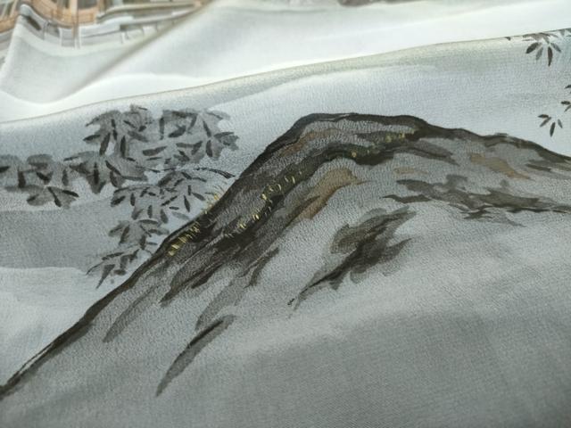 平和屋着物●男性 長襦袢 袷 手描き 風景文 金彩 正絹 逸品 AABH9528ck