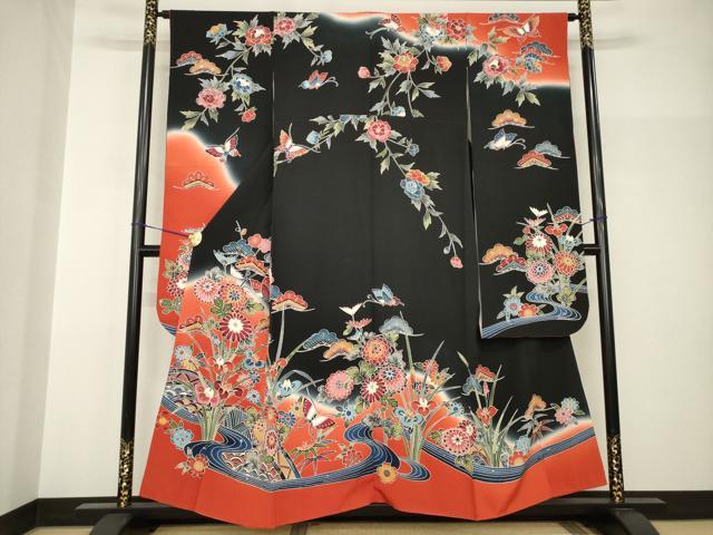 平和屋着物●豪華振袖 紅型 流水花蝶籬文 黒地 正絹 逸品 AABH9530ck