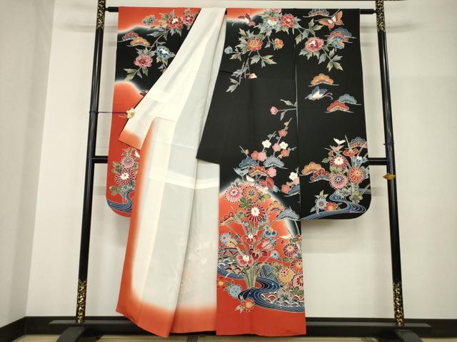 平和屋着物●豪華振袖 紅型 流水花蝶籬文 黒地 正絹 逸品 AABH9530ck