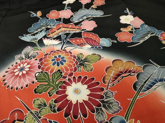 平和屋着物●豪華振袖 紅型 流水花蝶籬文 黒地 正絹 逸品 AABH9530ck