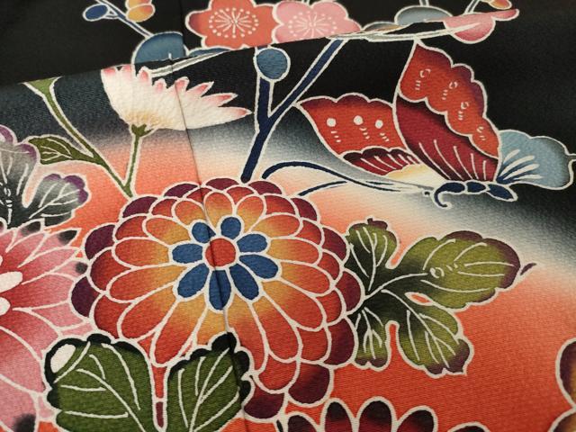 平和屋着物●豪華振袖 紅型 流水花蝶籬文 黒地 正絹 逸品 AABH9530ck