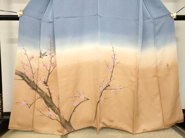 平和屋着物●訪問着 作家物 手描き 花鳥文 暈し染め 正絹 逸品 AABH9531ck