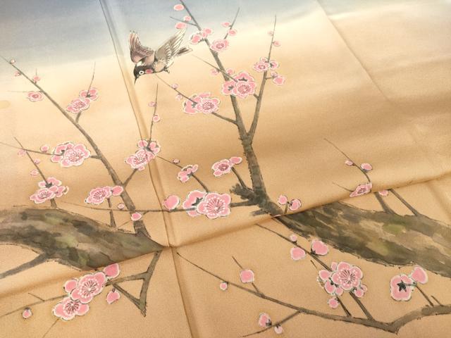 平和屋着物●訪問着 作家物 手描き 花鳥文 暈し染め 正絹 逸品 AABH9531ck