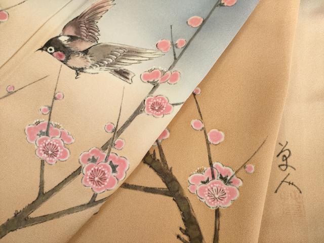 平和屋着物●訪問着 作家物 手描き 花鳥文 暈し染め 正絹 逸品 AABH9531ck