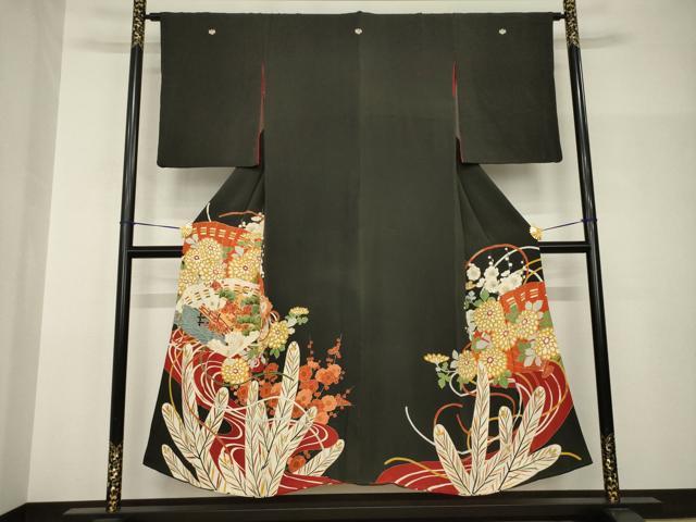 平和屋本店●アンティーク 大正ロマン 黒留袖 駒刺繍 扇面花文 金彩 正絹 逸品 AABH9532ck