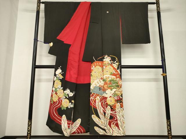 平和屋本店●アンティーク 大正ロマン 黒留袖 駒刺繍 扇面花文 金彩 正絹 逸品 AABH9532ck