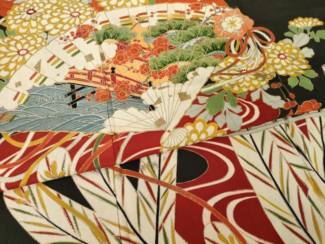 平和屋本店●アンティーク 大正ロマン 黒留袖 駒刺繍 扇面花文 金彩 正絹 逸品 AABH9532ck