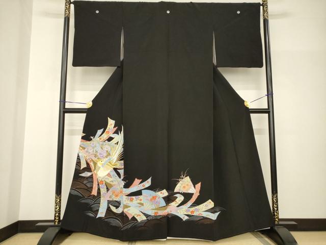 平和屋着物●豪華黒留袖 刺繍 蔓帯花鳥文 金彩 正絹 逸品 AABH9534ck