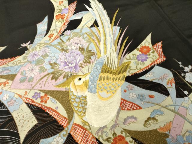 平和屋着物●豪華黒留袖 刺繍 蔓帯花鳥文 金彩 正絹 逸品 AABH9534ck
