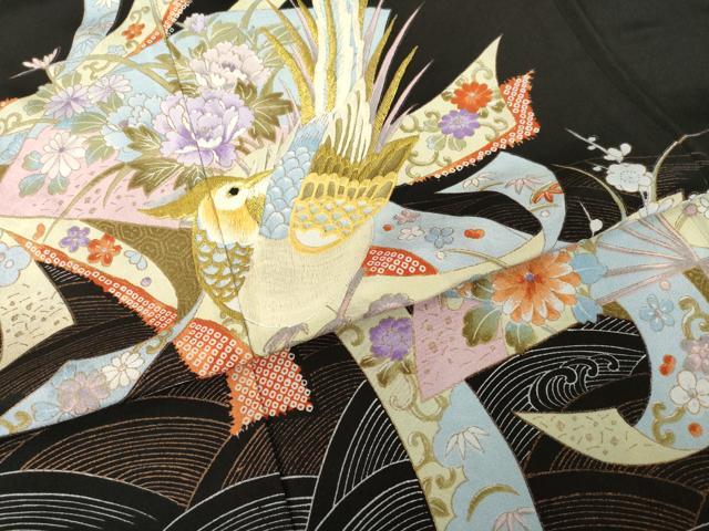 平和屋着物●豪華黒留袖 刺繍 蔓帯花鳥文 金彩 正絹 逸品 AABH9534ck