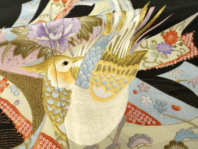 平和屋着物●豪華黒留袖 刺繍 蔓帯花鳥文 金彩 正絹 逸品 AABH9534ck