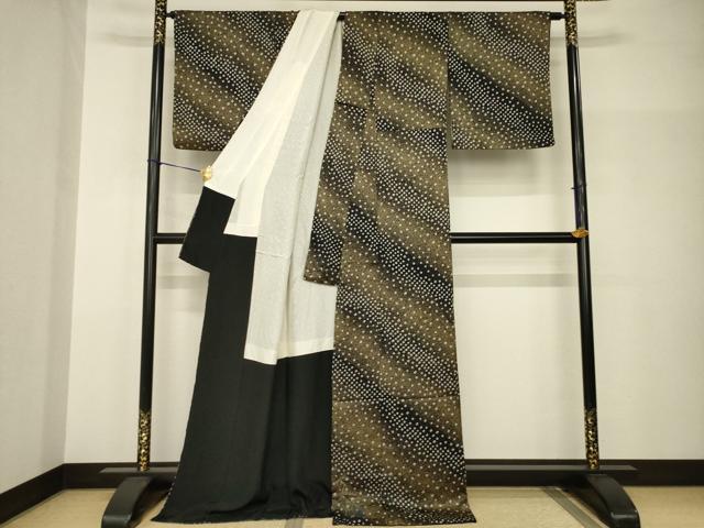 平和屋着物●上質な小紋 絞り 黒地 金彩 ロング丈 正絹 逸品 AABH9539ck