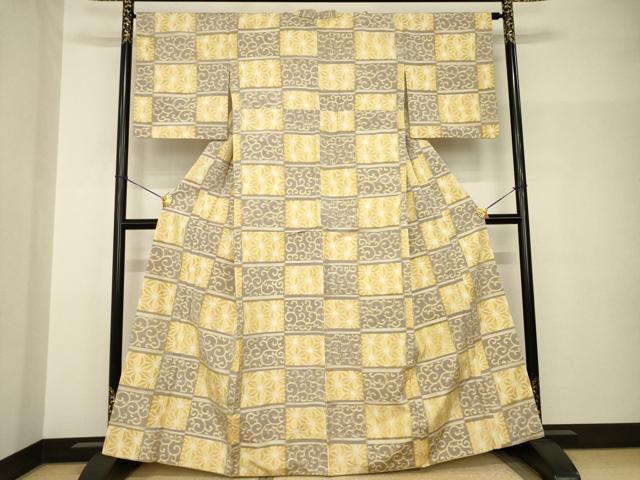 平和屋着物●上質な紬 市松麻の葉唐草文 正絹 逸品 AABH9551ck