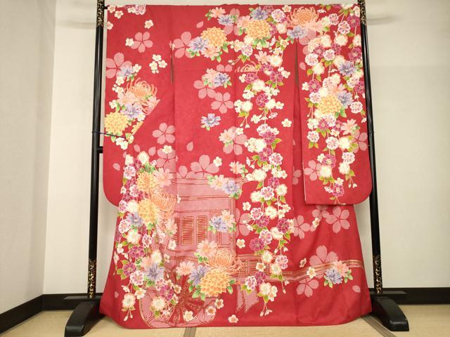 平和屋着物●H・L(アッシュエル) HENRI-LUC CHAPUIS 振袖 風景花文 金彩 洗える着物 AABH9573ck