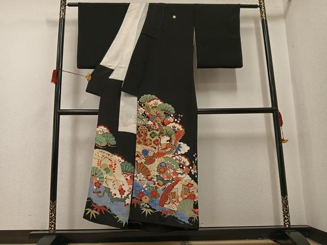 平和屋着物●アンティーク 大正ロマン 黒留袖 松竹梅飛鶴御所車扇面文 両褄 正絹 逸品 AABH9603ph
