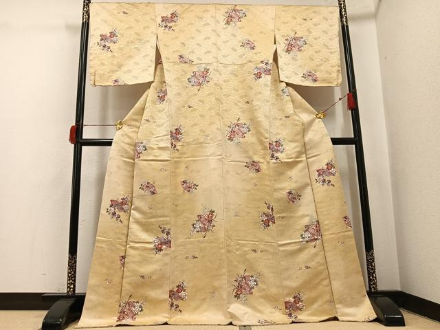 平和屋着物●上質な小紋 扇面花文 金銀彩 金通し地 やまと誂製 正絹 逸品 未使用 AABH9646ph