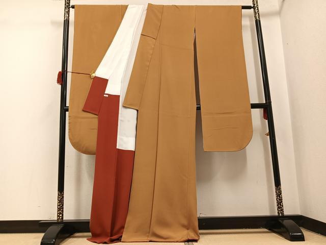 平和屋着物●豪華振袖 色無地 黄土色 正絹 逸品 AABH9649ph