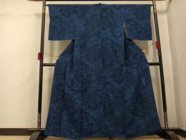 平和屋着物●阿波藍染 阿波友禅 徳島県無形文化財保持者 香川卓美 小紋 花唐草文 鬼しぼ縮緬 正絹 逸品 AABH9700ph