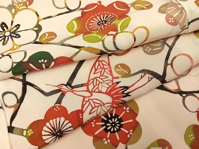 平和屋着物●上質な小紋 型染め 群れ鶴枝梅文 正絹 逸品 AABH9736ph