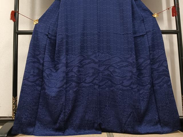 平和屋着物●訪問着 藍 風景草花文 藍鉄色 正絹 逸品 AABH9750ph