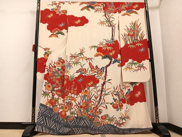 平和屋着物●和染紅型 栗山紅型 栗山吉三郎 振袖 花蝶文 鬼しぼ縮緬 正絹 逸品 AABH9759ph