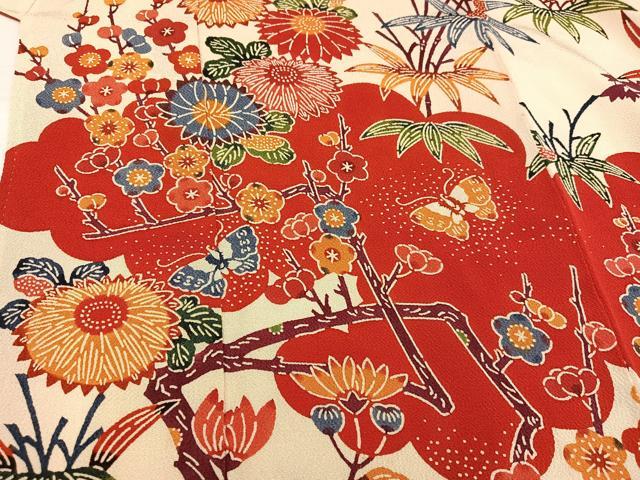 平和屋着物●和染紅型 栗山紅型 栗山吉三郎 振袖 花蝶文 鬼しぼ縮緬 正絹 逸品 AABH9759ph