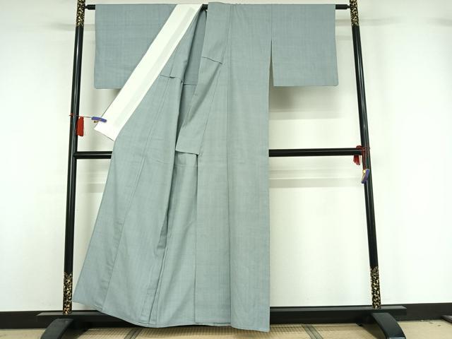平和屋着物▽本場結城紬 重要無形文化財 単衣 青磁鼠色 正絹 逸品 AABH9765jh