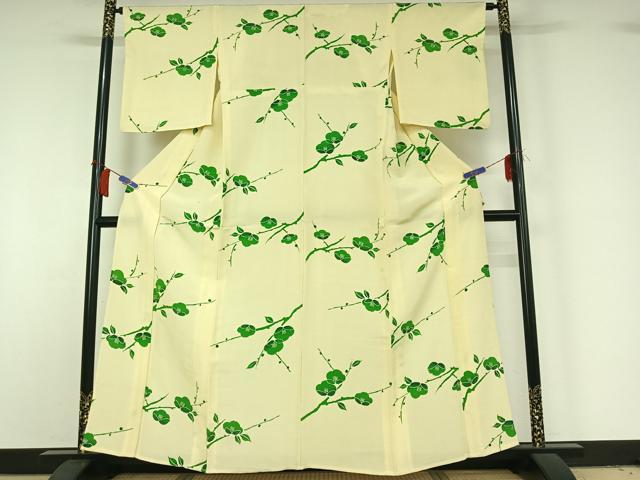 平和屋着物▽上質な小紋 単衣 枝花文 お召縮緬 正絹 逸品 AABH9780jh