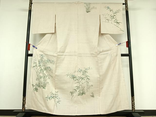 平和屋着物▽訪問着 単衣 生紬 手描き 枝花文 正絹 逸品 AABH9794jh