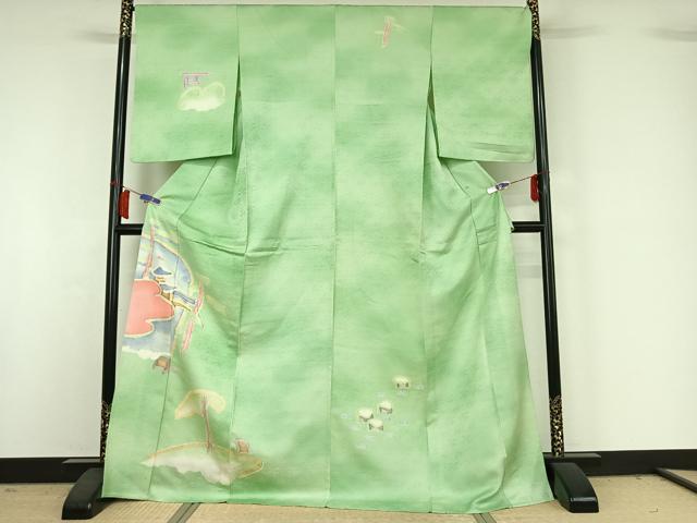 平和屋着物▽訪問着 単衣 紬地 手描き 風景文 ロング丈 正絹 逸品 AABH9795jh