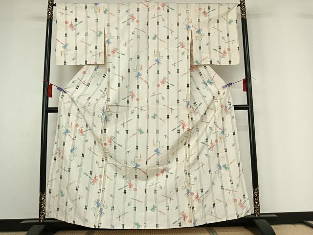 平和屋着物▽上質な紬 単衣 けん玉 独楽 正絹 逸品 AABH9806jh
