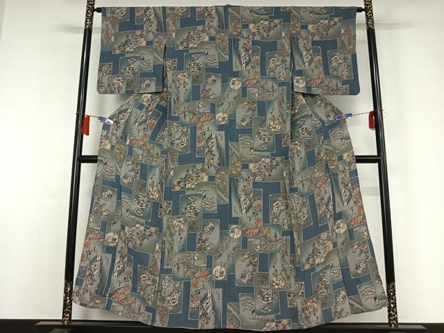 平和屋着物▽上質な小紋 単衣 手描き 風景花鳥文 暈し染め 金彩 鬼しぼ縮緬 正絹 逸品 AABH9828jh